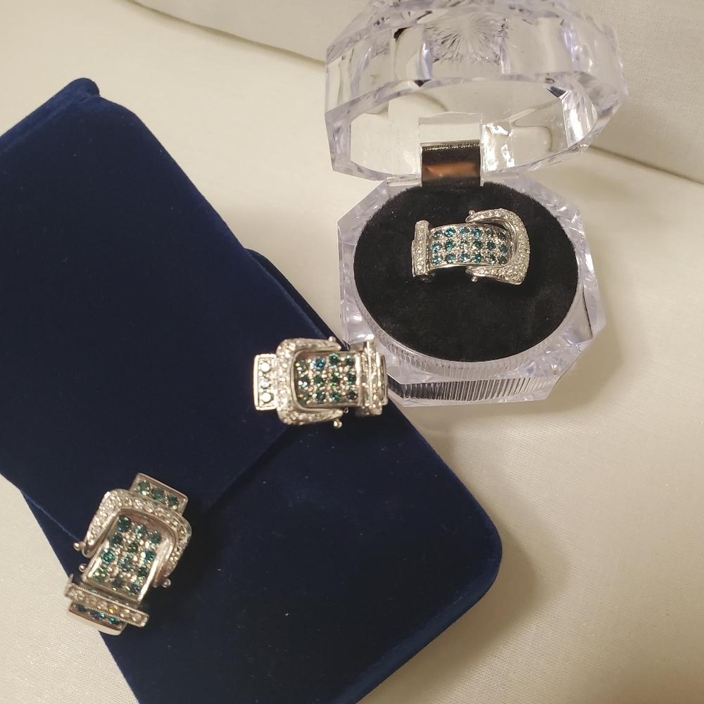 14k natural white blue diamond set ring and earrings
